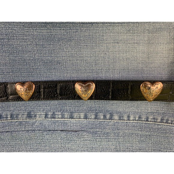 Western Alligator Print Black Leather Belt 32 L SOUTHWEST Cowgirl Metal Hearts - Picture 5 of 11
